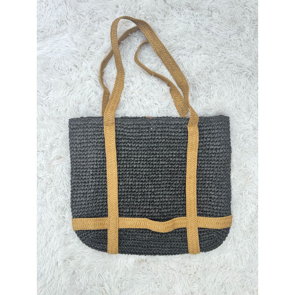 Bay Sky Black Woven Straw Tote Bag with Tan Trim